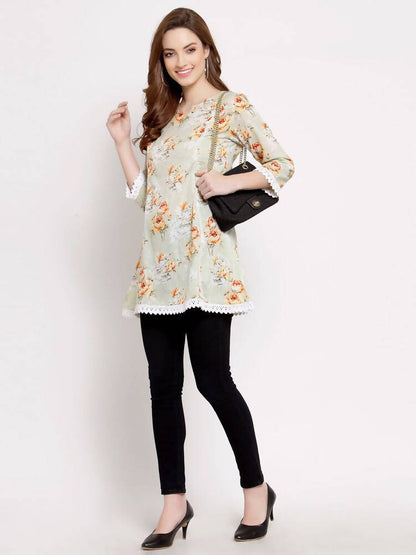 Myshka Women's Off White Cotton 3/4 Sleeve Round Neck Printed Casual Tunic