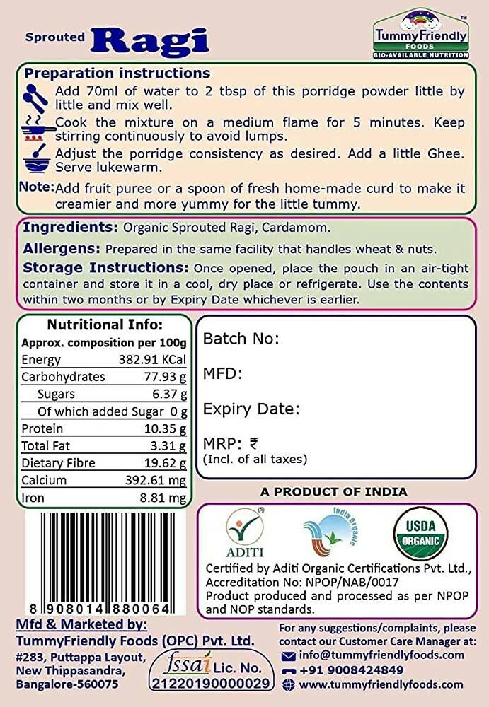 TummyFriendly Foods Organic Sprouted Porridge Mixes Sprouted Ragi Powder, Sprouted Brown Rice and Oats Combo - Distacart