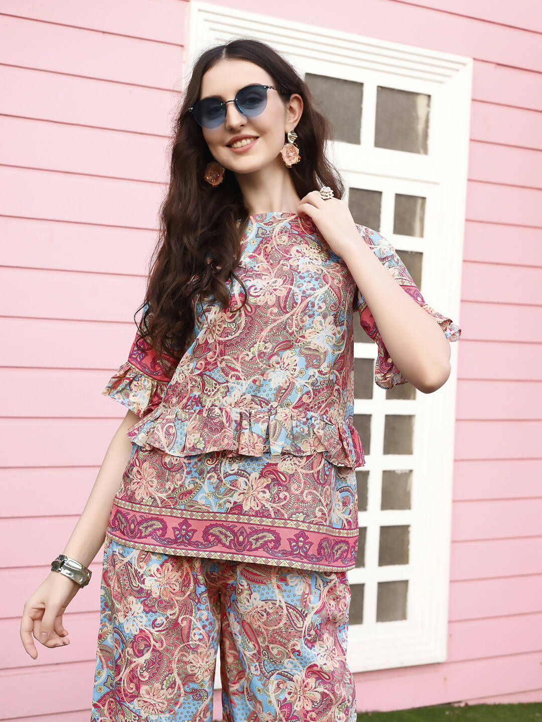 Red Rayon Floral Printed Top with Matching Bottom - Eesha - Distacart
