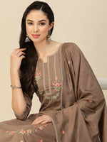 Thumbnail for Brown Embroidered Chinon Straight Kurta With Trouser & Dupatta - Salimar - Distacart