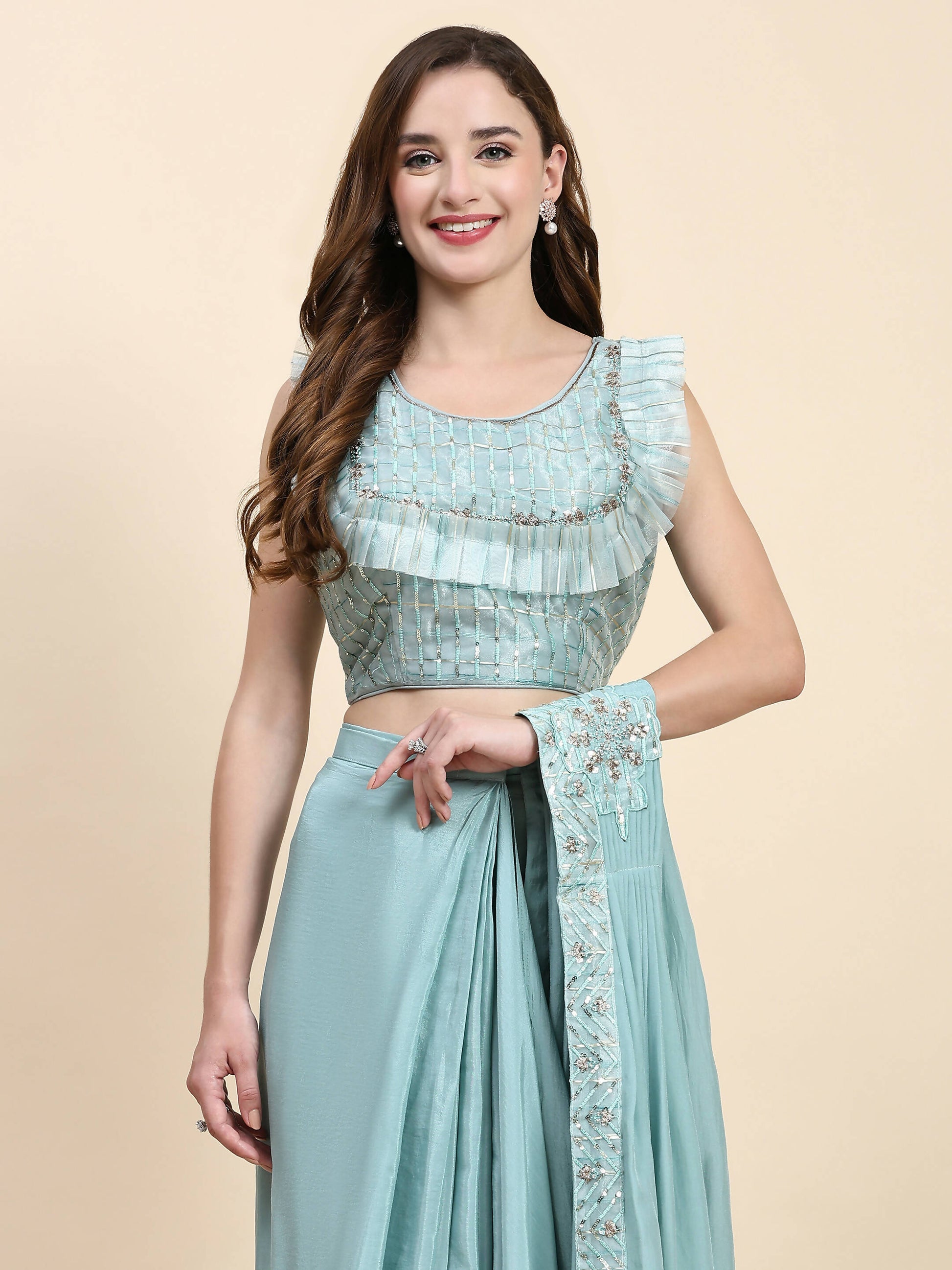 Sky Blue Silk Satin Solid Ready to wear Saree with stitched Blouse - Satiksha - Distacart