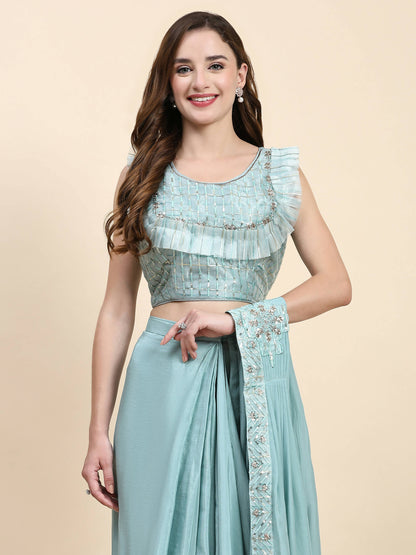 Sky Blue Silk Satin Solid Ready to wear Saree with stitched Blouse - Satiksha - Distacart