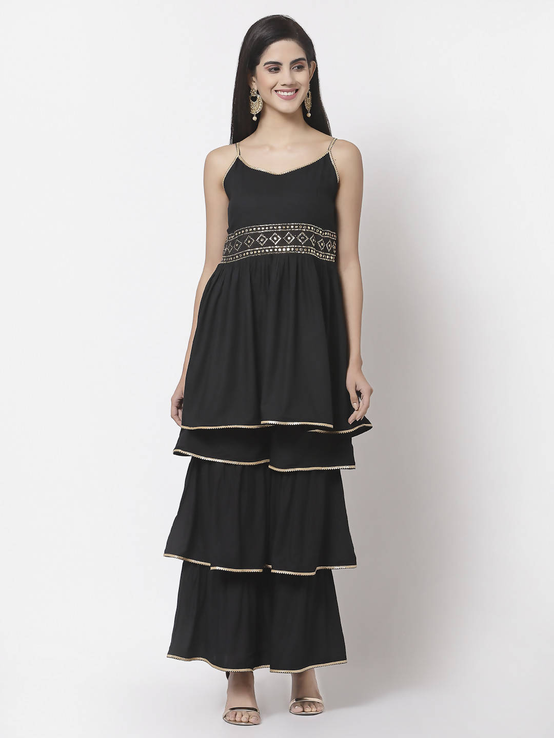 Myshka Women Black Rayon Solid Sleeveless Round Neck Kurta With Sharara & Dupatta Set