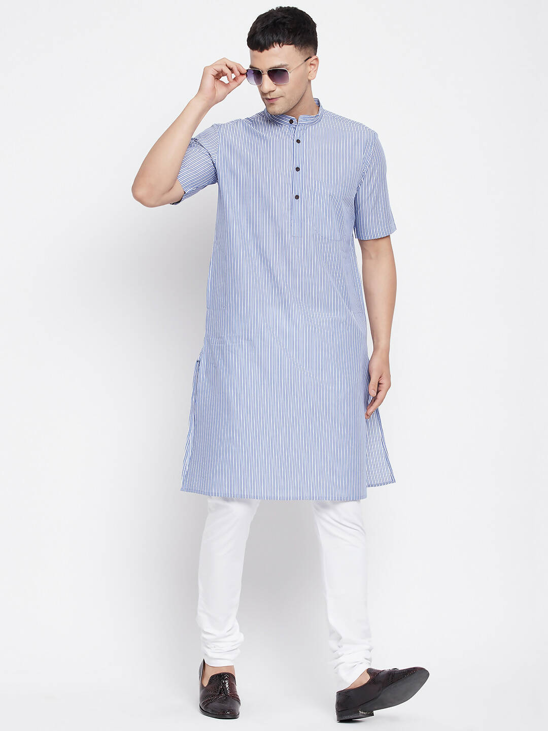 Even Apparels Blue Men's H/S Pure Cotton Kurta With Band Collar - Distacart