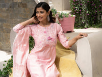 Thumbnail for Pink Roman Silk Plain Kurta with Pant & Dupatta - Disha - Distacart