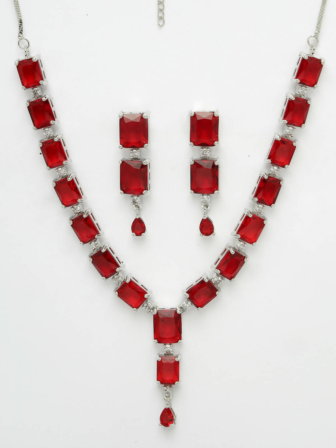 NVR Women Silver Plated & Maroon Cz Stone Handcrafted Jewellery Set - Distacart