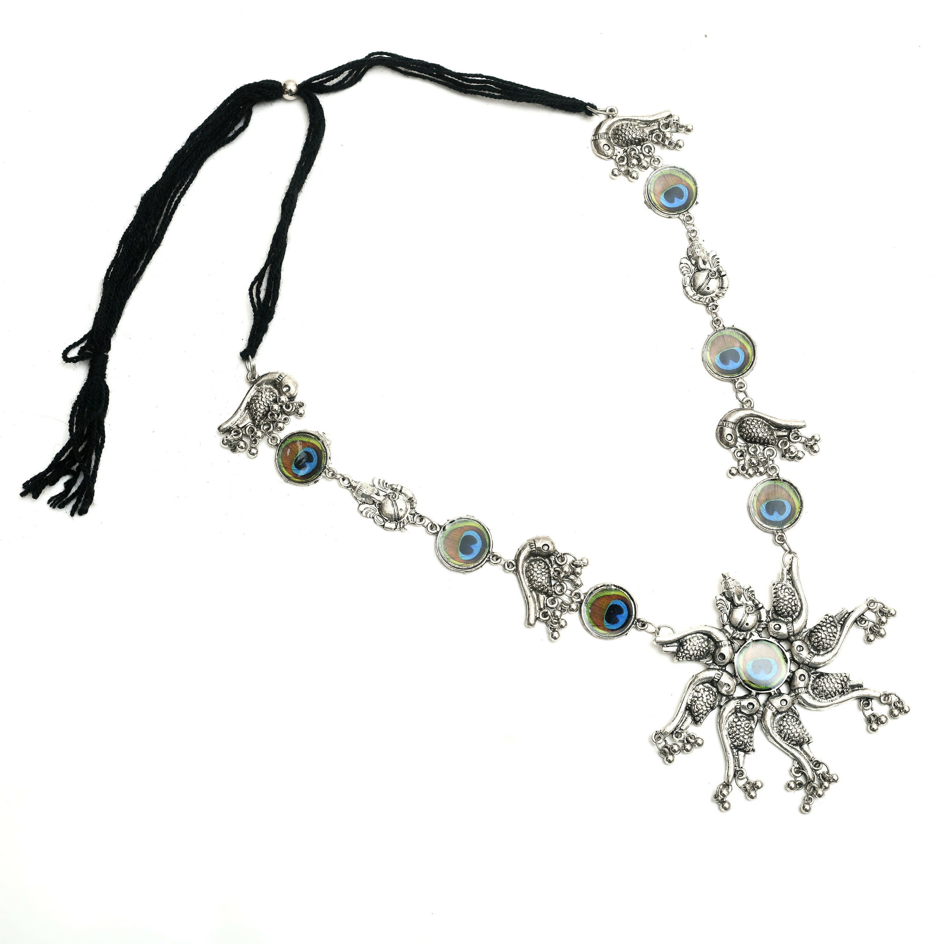 Mominos Fashion Johar Kamal Oxidised Silver-Plated Brass Finish Peacock Design Long Necklace Set For Women - Distacart