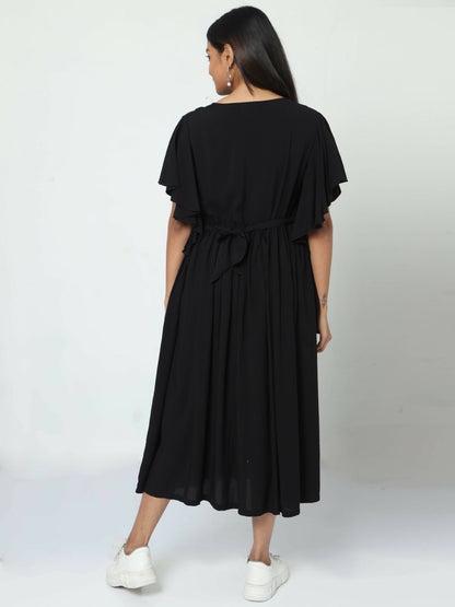 Manet Maternity Frill Slevee Solid Dress With Concealed Zipper Nursing Access - Black - Distacart