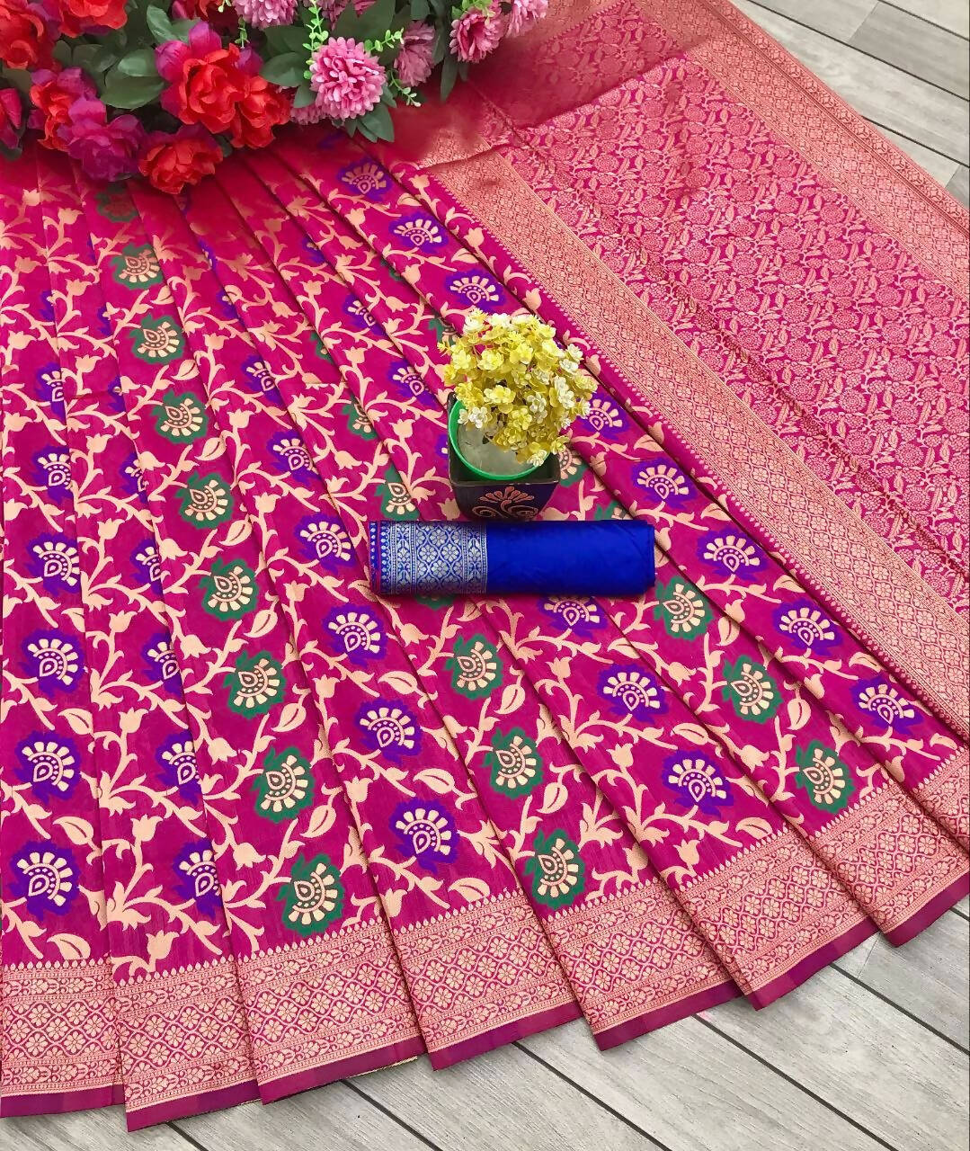 DEIANA'S Beautiful Golden Jari with New Design Soft Lichi Silk Saree - Pink - Distacart