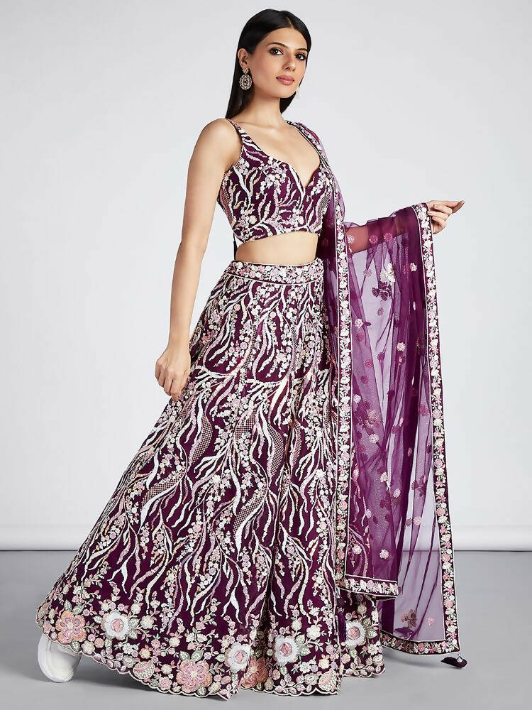 House of Panchhi Burgundy Net Sequins And Thread Embroidery Lehenga Choli & Dupatta - Distacart