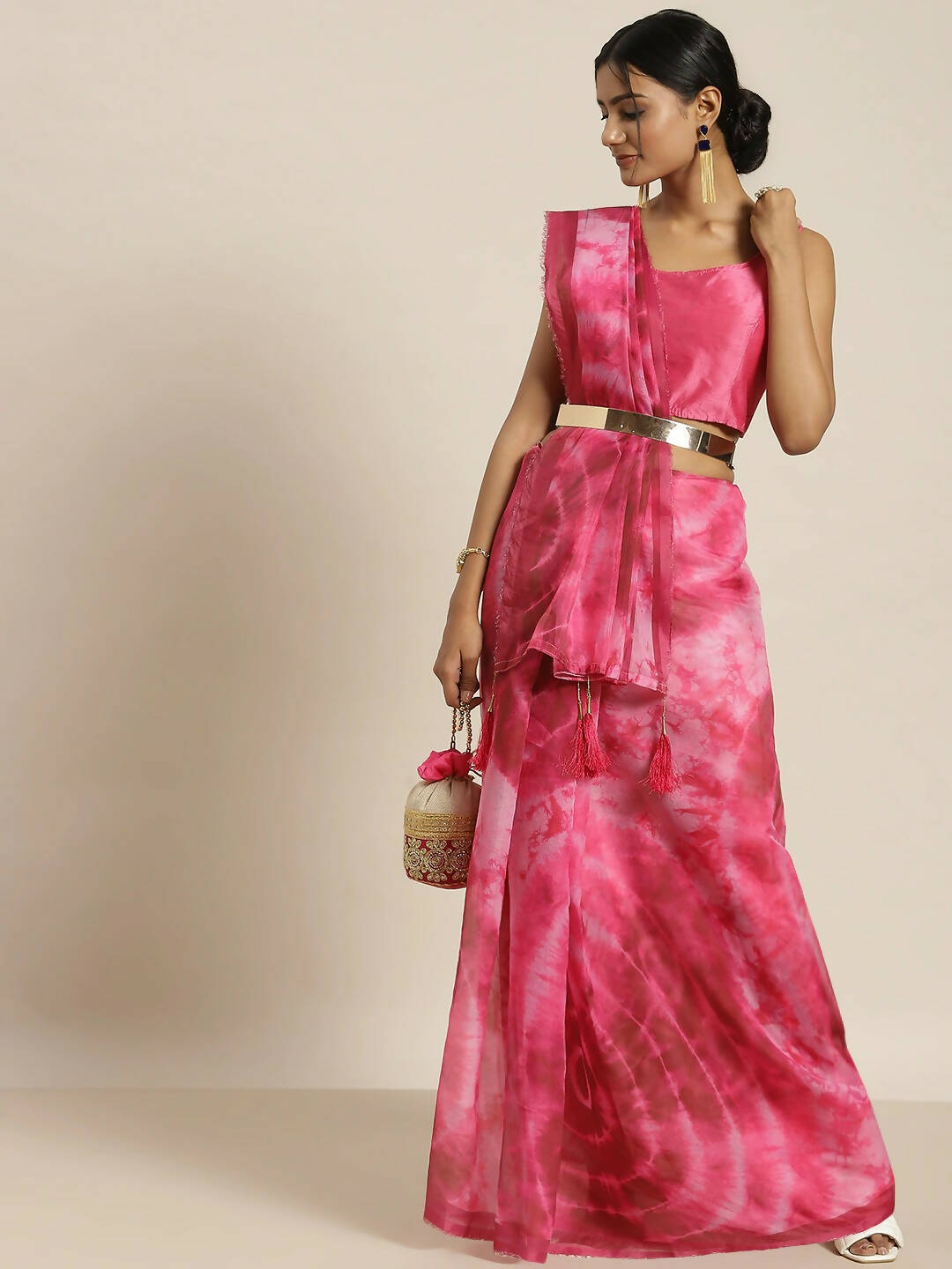 Pink Organza Printed Saree With Blouse Piece - Nivaa - Distacart