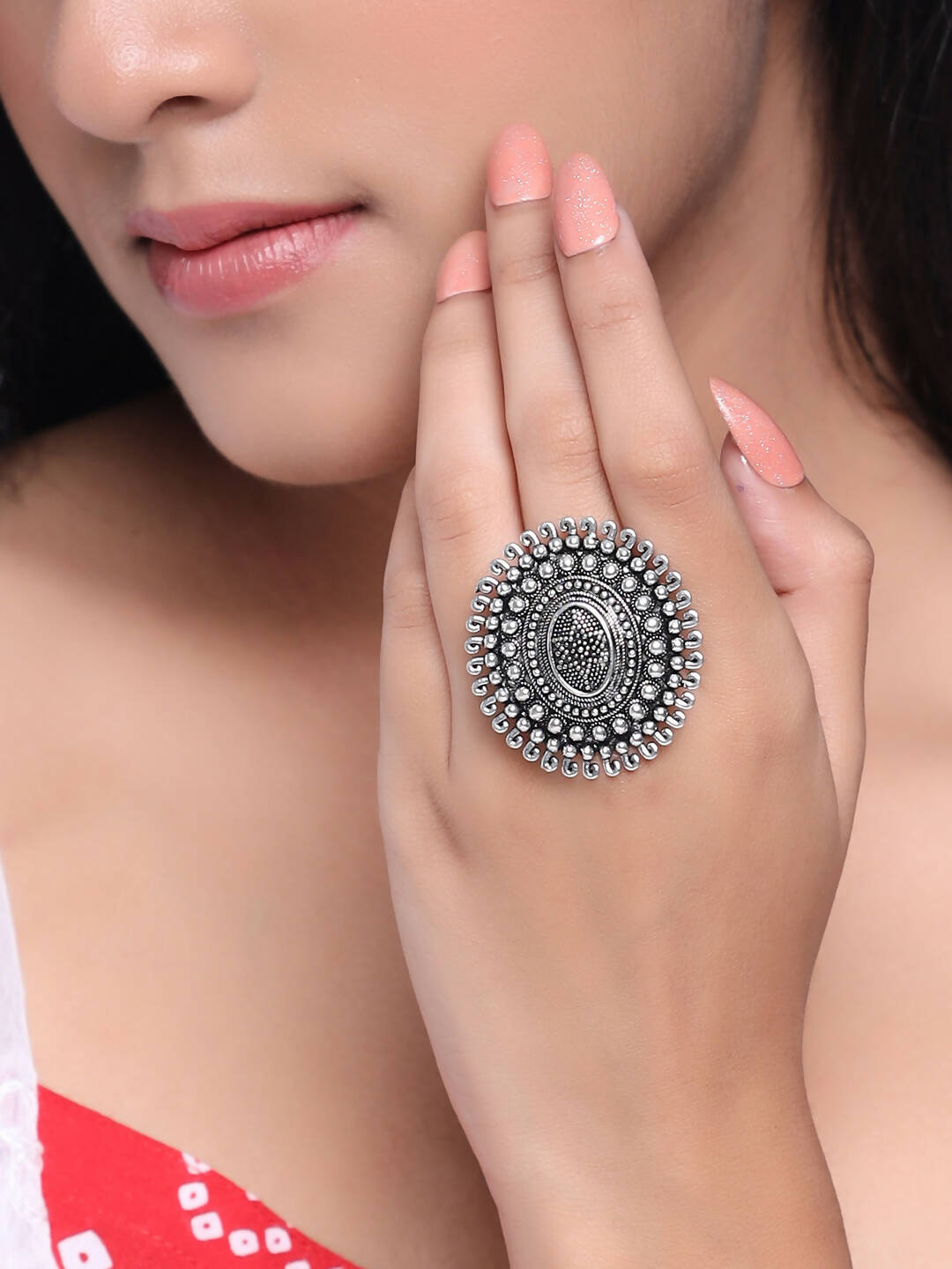 NVR Women's Oxidised Silver Plated Adjustable Finger Ring - Distacart