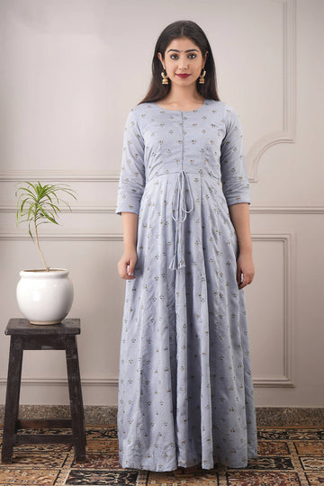 Partywear Designer Hand Screen and Foil Print Lightsteelgrey Pure chanderi Gown - Anbazaar - Distacart