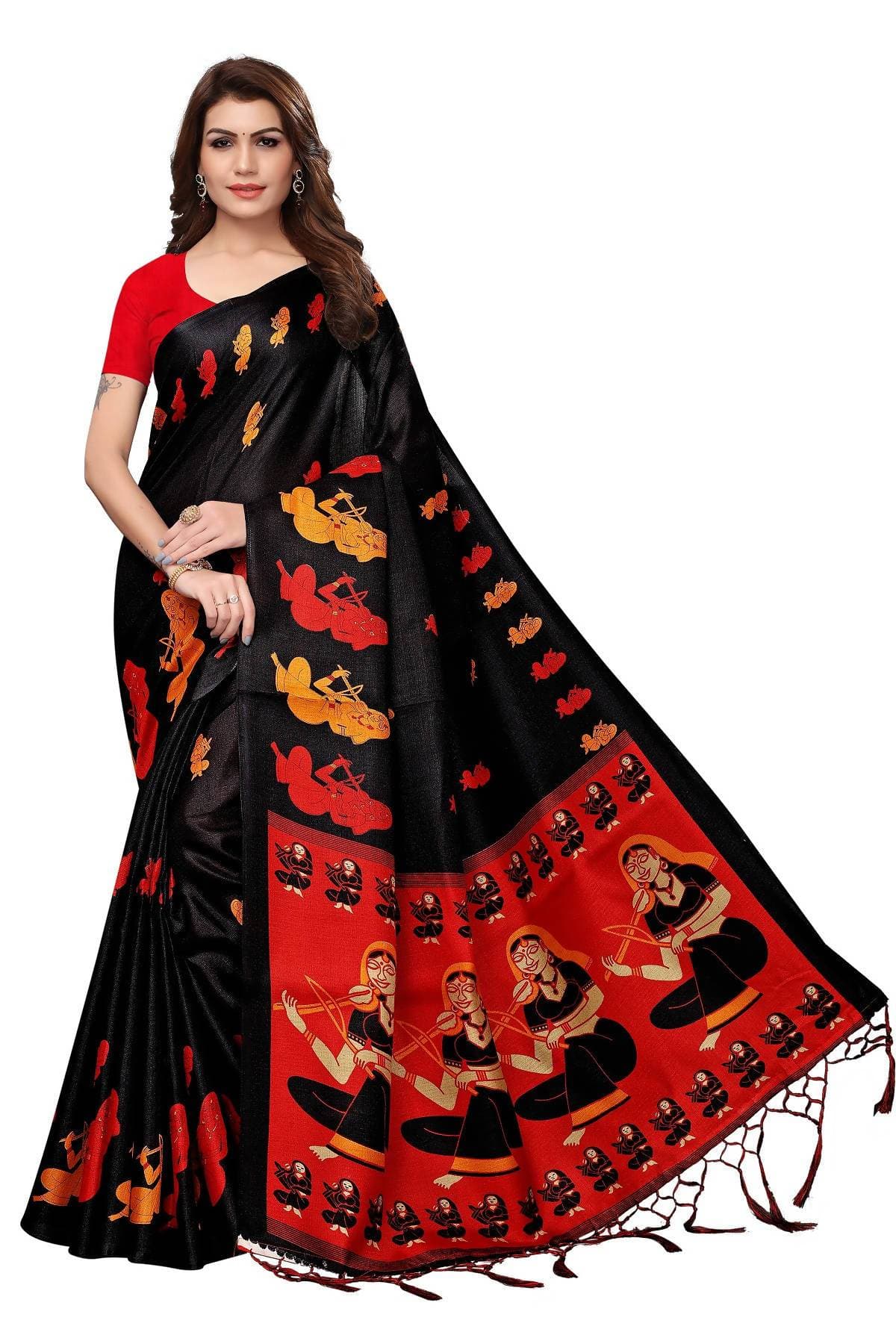 Vamika Black & Red Kalamkari With Jhalar Khadi Silk Saree