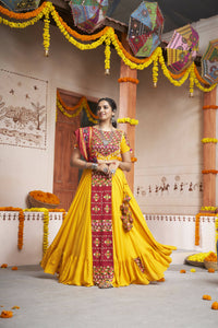 Thumbnail for Yellow Viscose Rayon Thread Embroidery with mirror work Navratri Lehenga Choli with Dupatta - Raas - Distacart