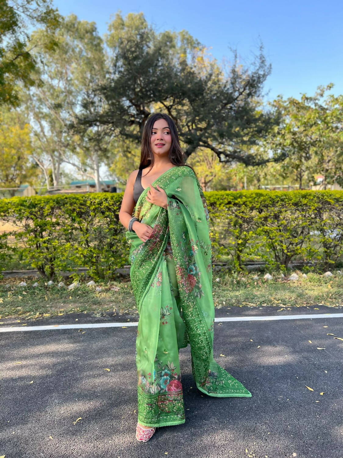 Vastrasky Green Organza Saree - Distacart