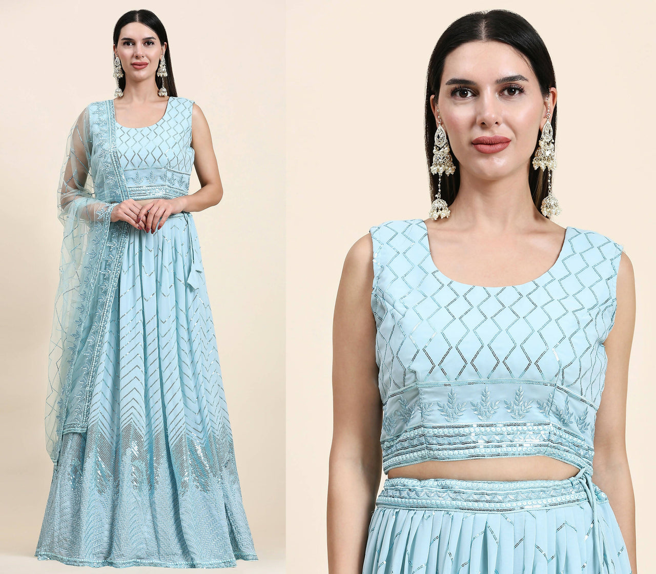 Blue Pure Viscose Georgette Sequence Embroidery work Lehenga Choli with Dupatta - Aakriti - Distacart