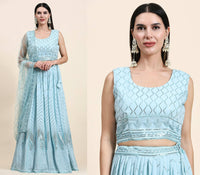 Thumbnail for Blue Pure Viscose Georgette Sequence Embroidery work Lehenga Choli with Dupatta - Aakriti - Distacart