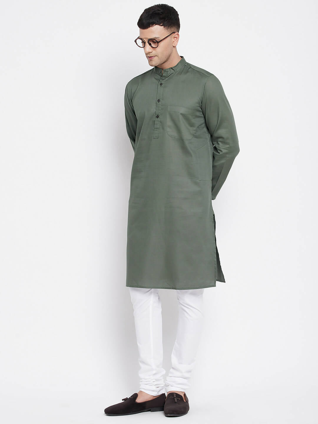 Even Apparels Green Color Linen Men's Kurta With Band Collar - Distacart