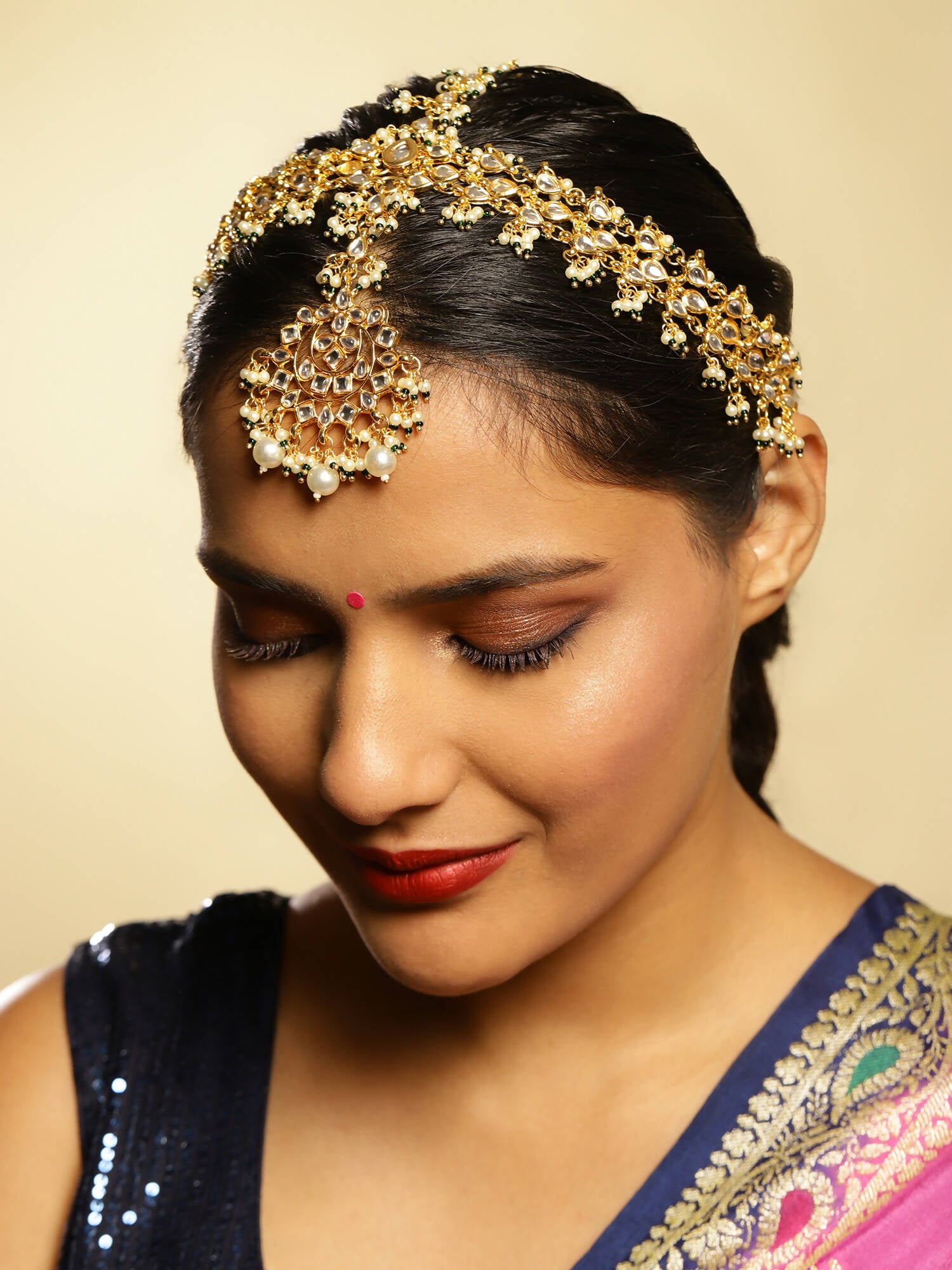 Gold-Plated White Green Kundan-Studded Pearl Beaded Matha Patti - Ruby Raang - Distacart