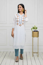Thumbnail for Myshka Women Solid Georgette Straight V-Neck White Kurtas - Distacart