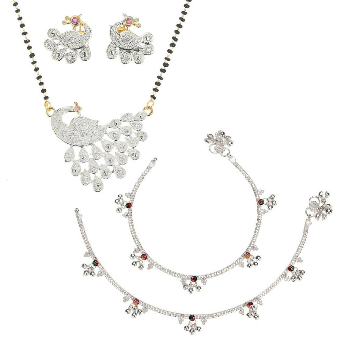 AanyaCentric Gold-plated Mangalsutra Pendant Earring Set & Silver Plated Anklet - Distacart