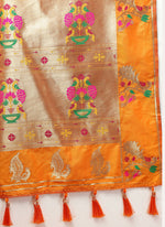 Thumbnail for Lorenvalley Fashion Orange Soft Paithani Silk Woven Design Gold Zari Meenakari Weaving Saree - Distacart