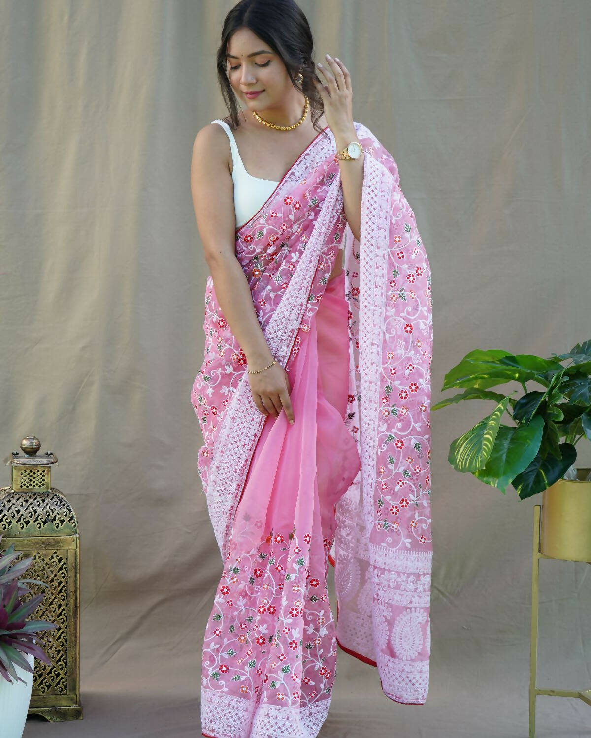 Vastrasky Pink Organza Saree - Distacart