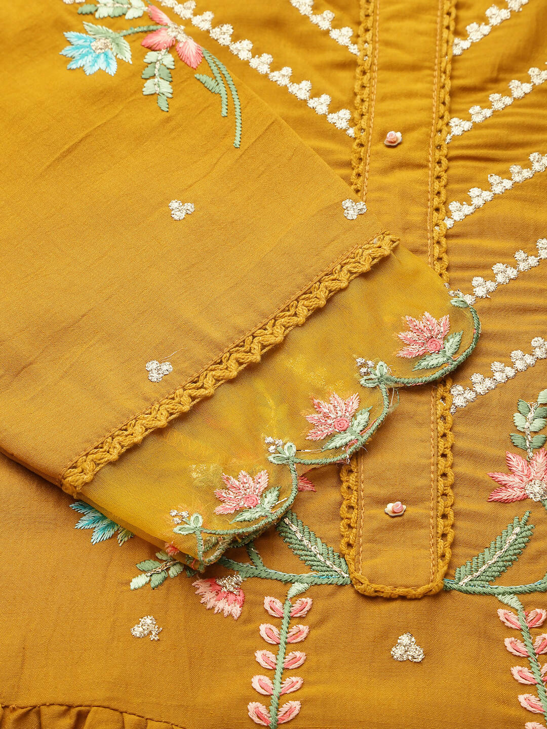 Mustard Embroidered Chinon Straight Kurta With Trouser & Dupatta - Salimar - Distacart