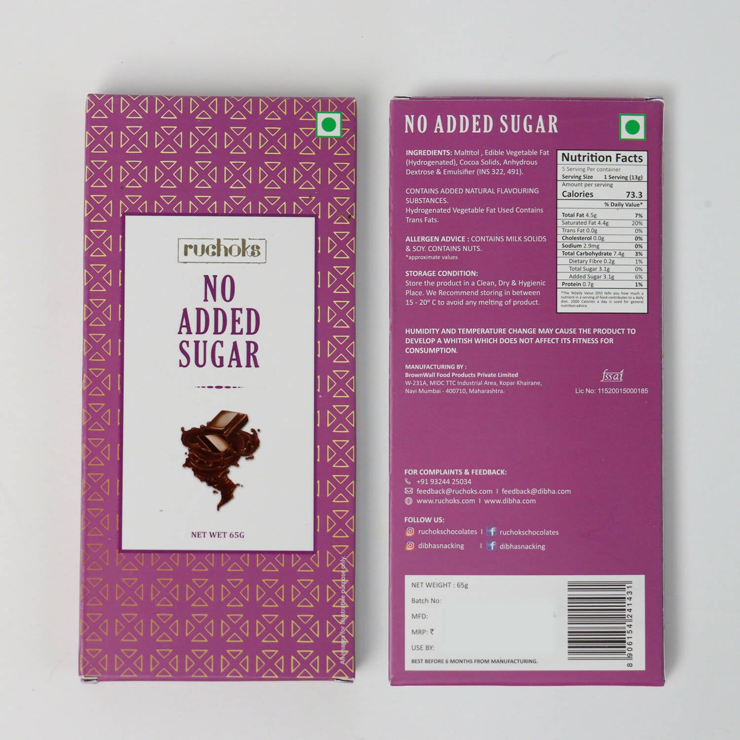 Dibha Ruchoks - No Added Sugar Chocolate Bar - Distacart