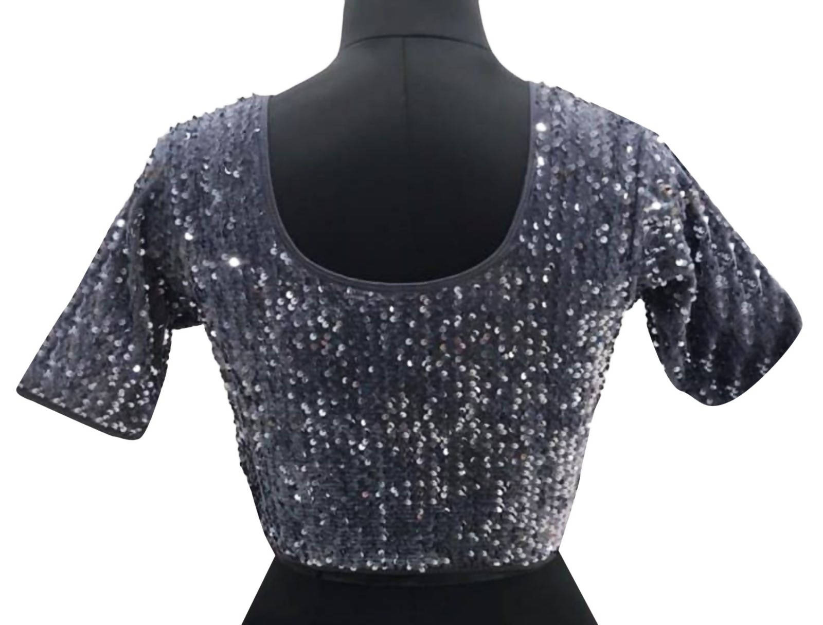 Vamika Grey Velvet Sequence Blouse - Distacart