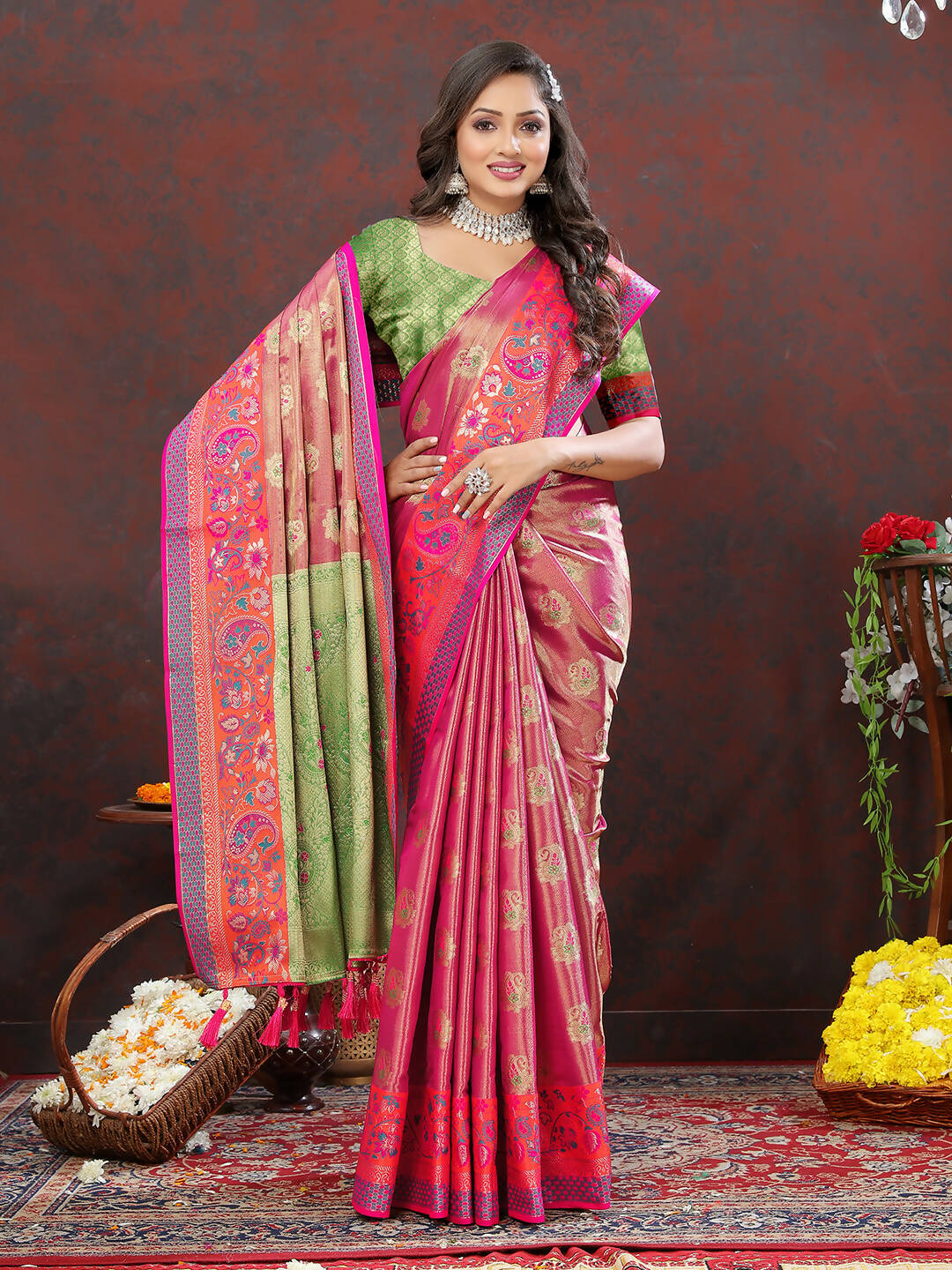 Lorenvalley Fashion Magenta Kanjivaram Silk Woven Design with Zari Weaving Saree - Distacart