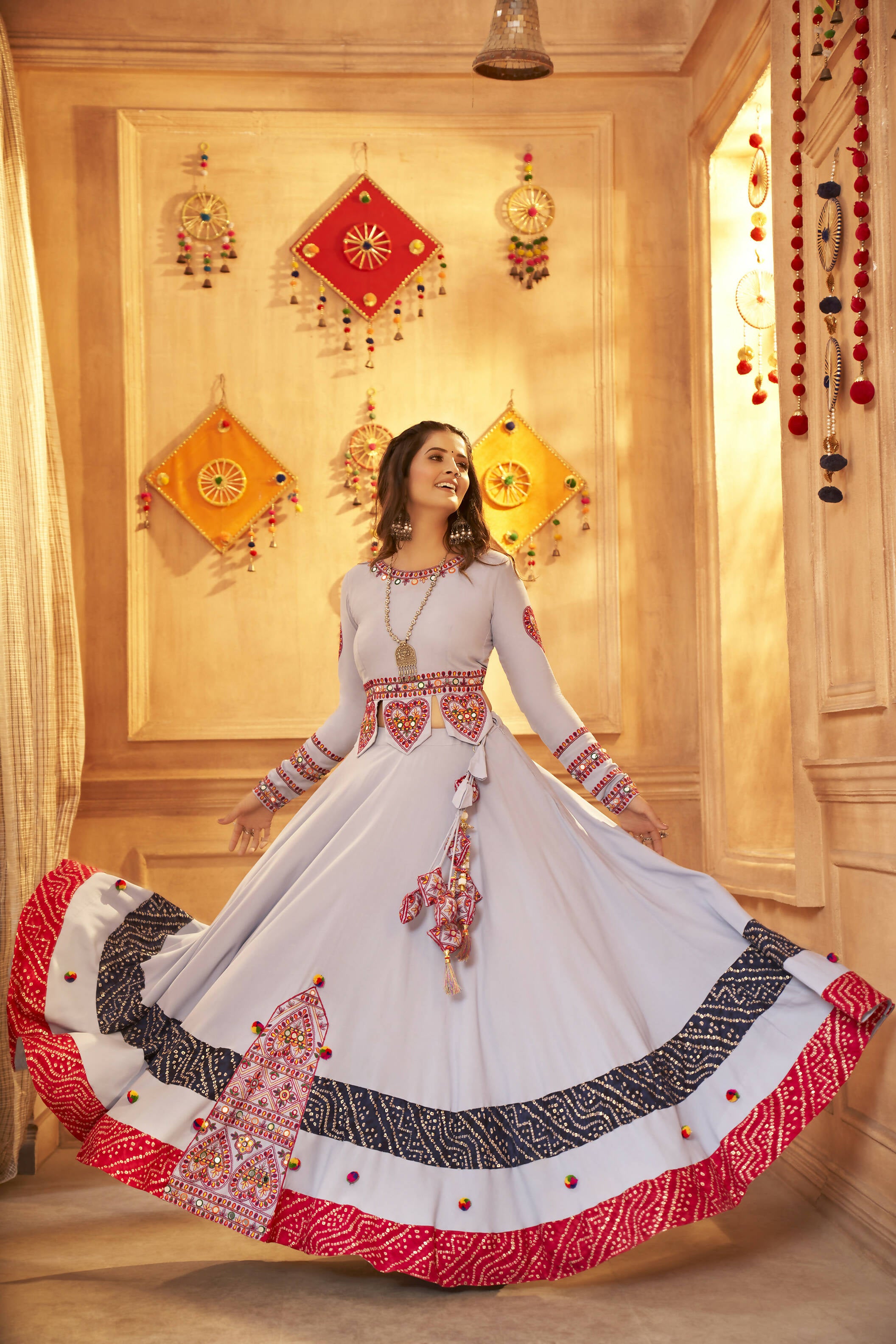 Sky Viscose Rayon Thread Embroidered Work And Print With Mirror All Over Navratri Lehenga Choli With Dupatta - Raas - Distacart