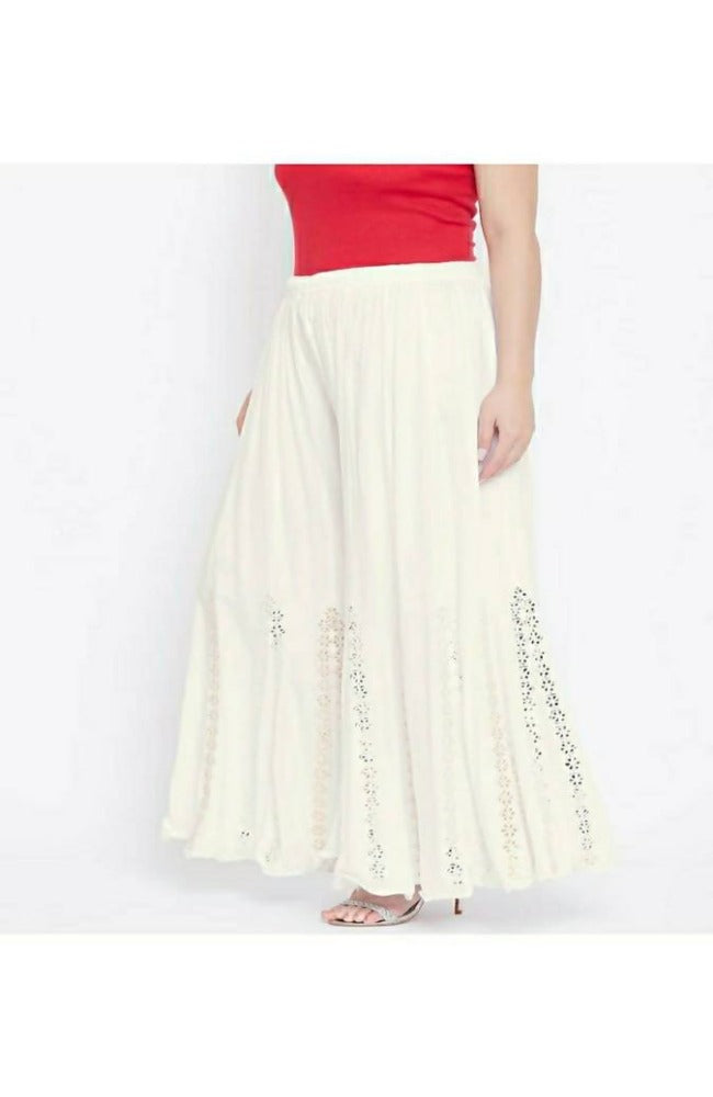 Mominos Fashion White Mirror Flower Work Palazzo