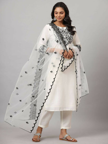 Juniper Women's White Chinnon Solid Embroidered Kurta Set - Distacart