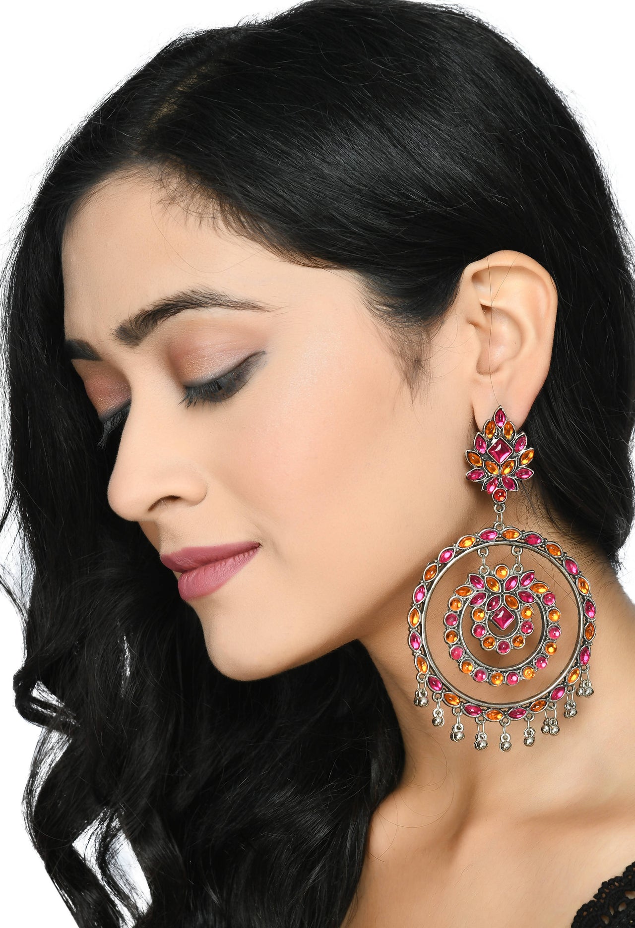 Mominos Fashion Johar Kamal Women's Pink & Orange Kundan Circles Earrings - Distacart