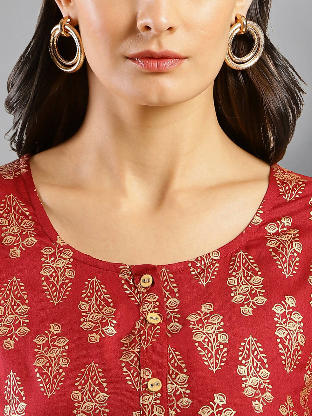 Red Cotton Ethnic Motifs Aline Dress - Poonam - Distacart