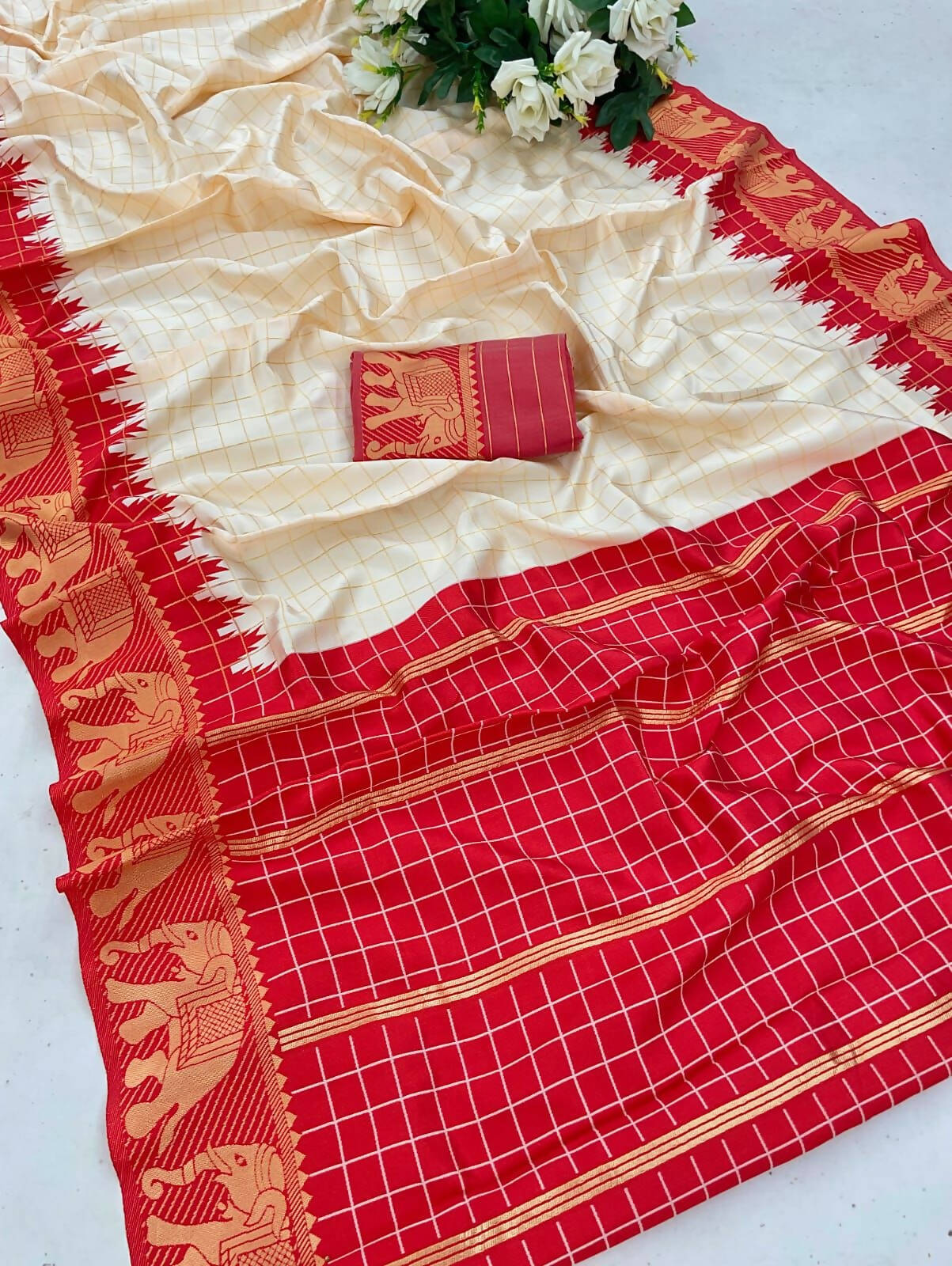 DEIANA'S Beautiful Golden Jari with New Design Soft Lichi Silk Saree - White - Distacart