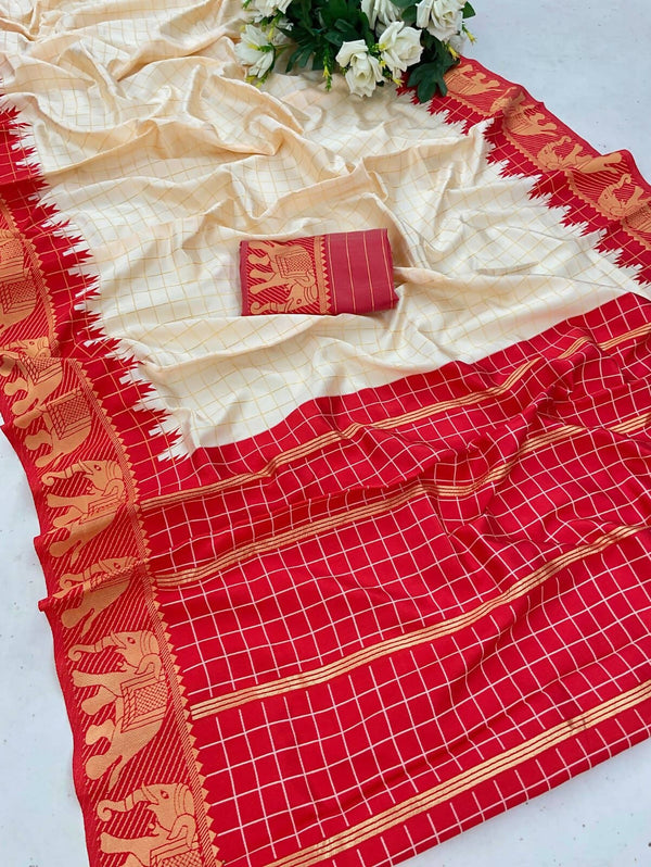 DEIANA'S Beautiful Golden Jari with New Design Soft Lichi Silk Saree - White - Distacart