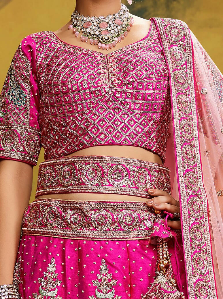 House of Panchhi Pink Pure Silk Moti & Zarkan heavy embroidery Lehenga choli & Dupatta - Distacart