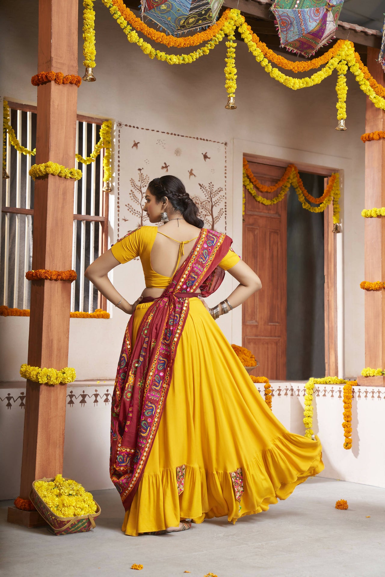 Yellow Viscose Rayon Thread Embroidery with mirror work Navratri Lehenga Choli with Dupatta - Raas - Distacart