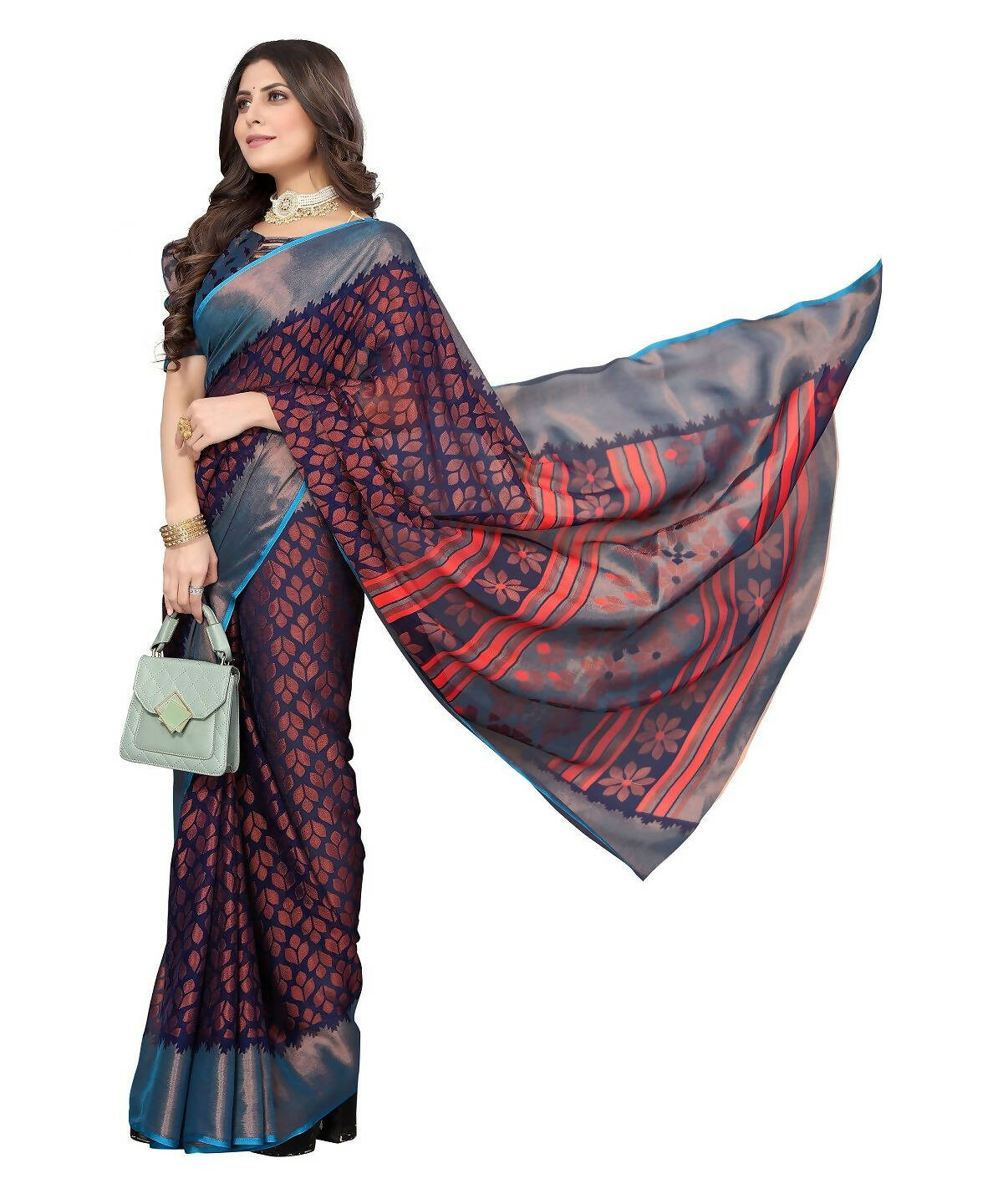Vamika Navy Chiffon Brasso Bollywood Style Woven Saree (ALIZA NAVY) - Distacart