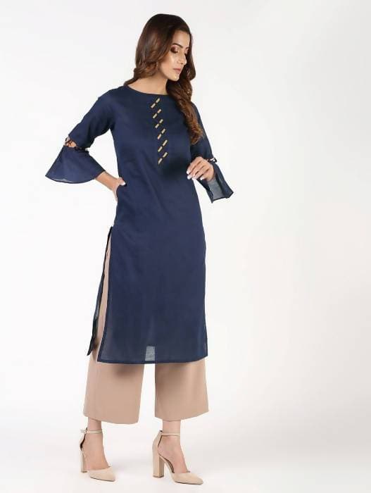 Aniyah Cotton Criss Cross Bell Sleeves Navy Blue Straight Kurta (AN-145K)