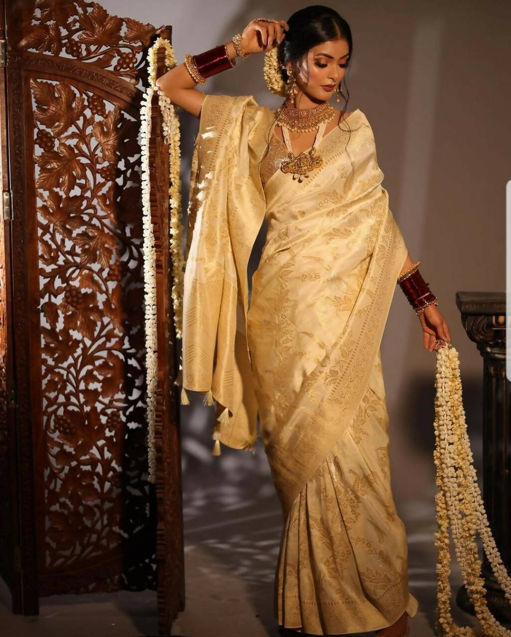 DEIANA'S Beautiful Golden Jari with New Design Soft Lichi Silk Saree - Cream - Distacart