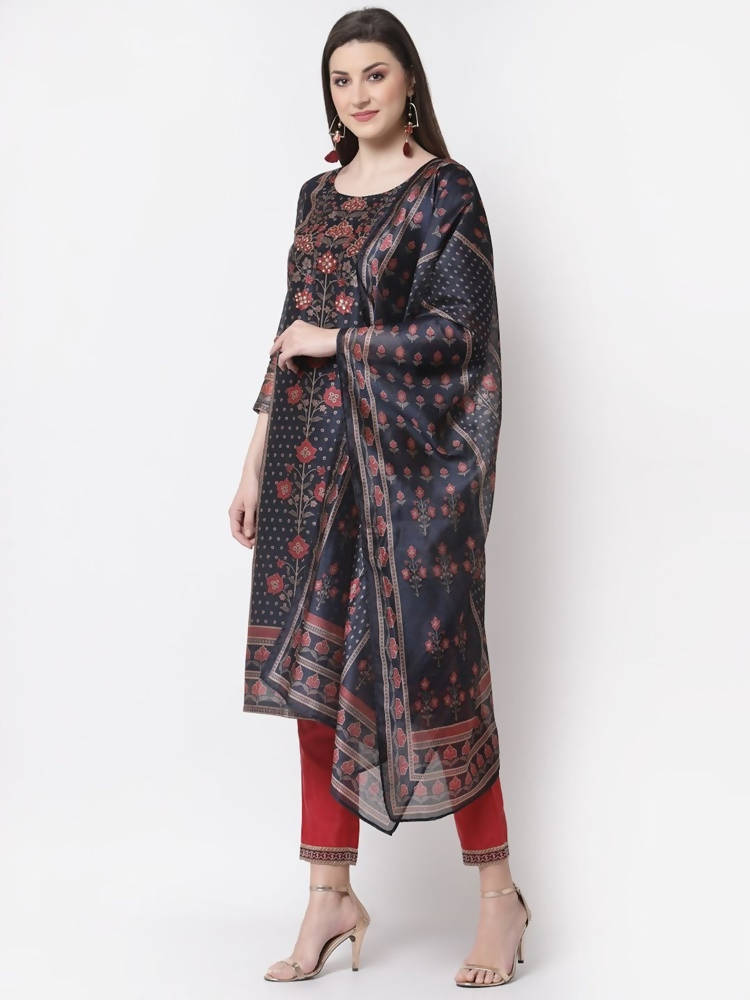 Myshka Blue Color Chanderi silk Printed Kurta With Pant Dupatta Set