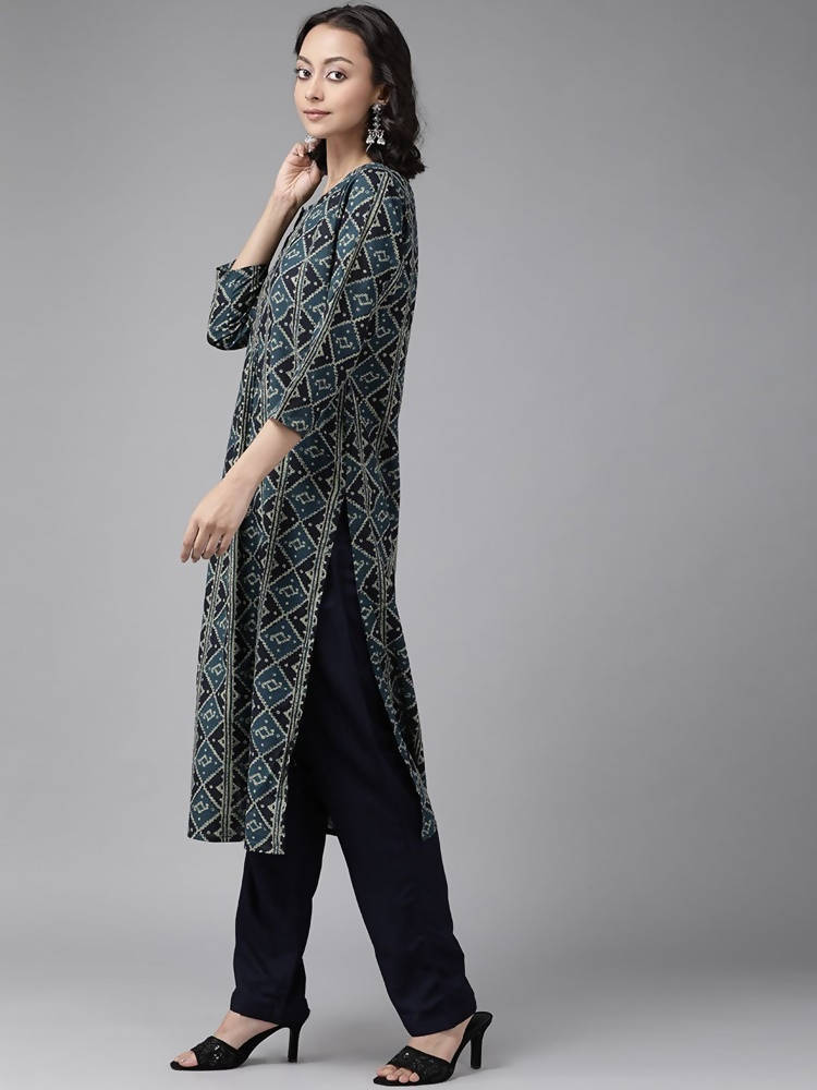 Yufta Teal Blue & Black Printed Pure Cotton Kurta with Palazzo