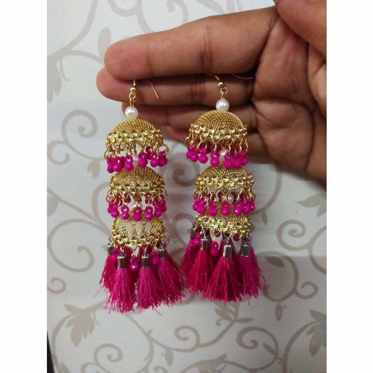Gold Color Pink Pearls And Silk Threads Hanging Jhumka Earrings