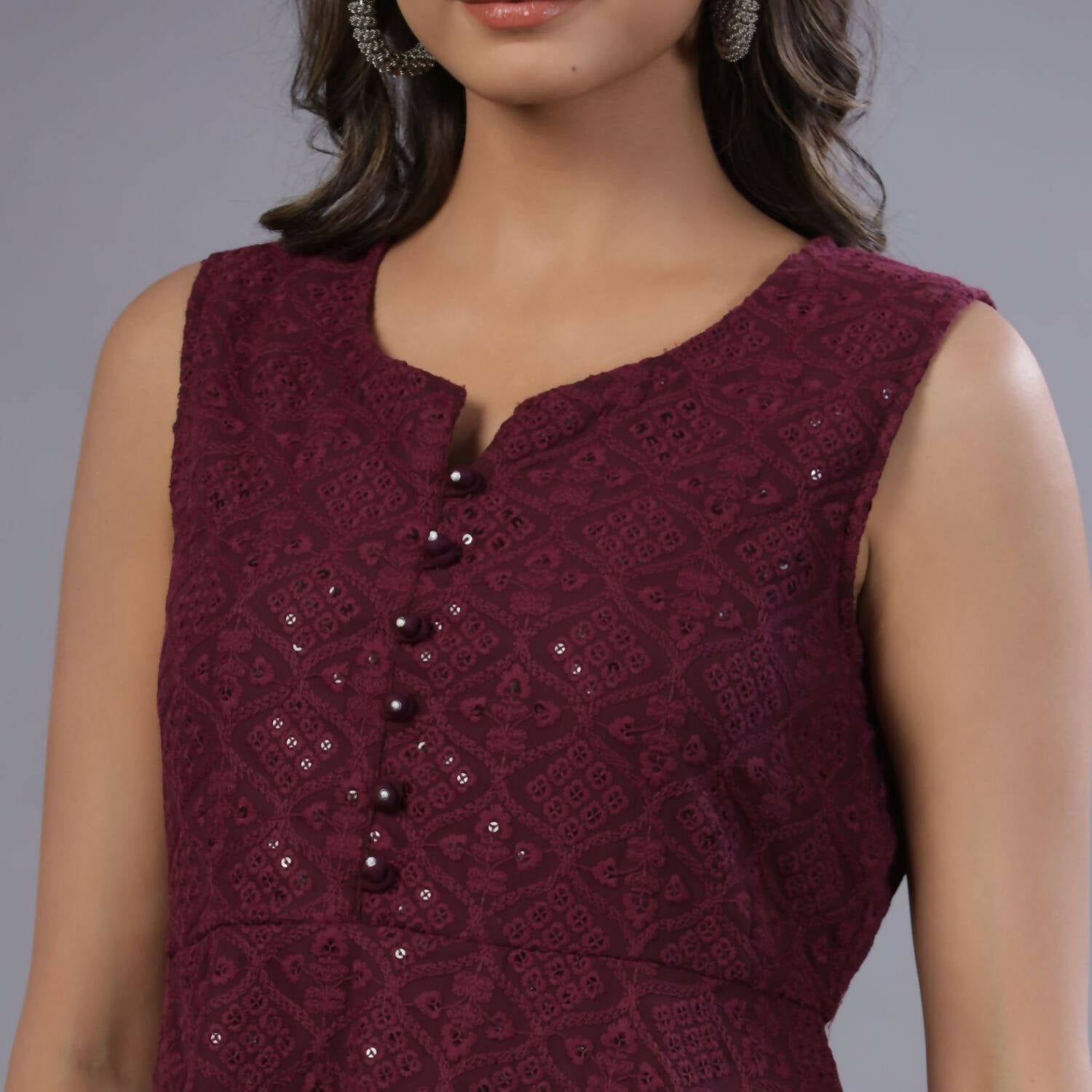 Juniper Women Wine Georgette Embroidered Peplum Tunic - Distacart