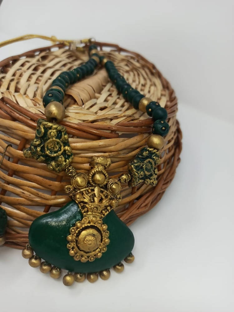Terracotta Dark Green Crown Pendant Long Necklace Set Paired with Hanging Temple Jhumkas