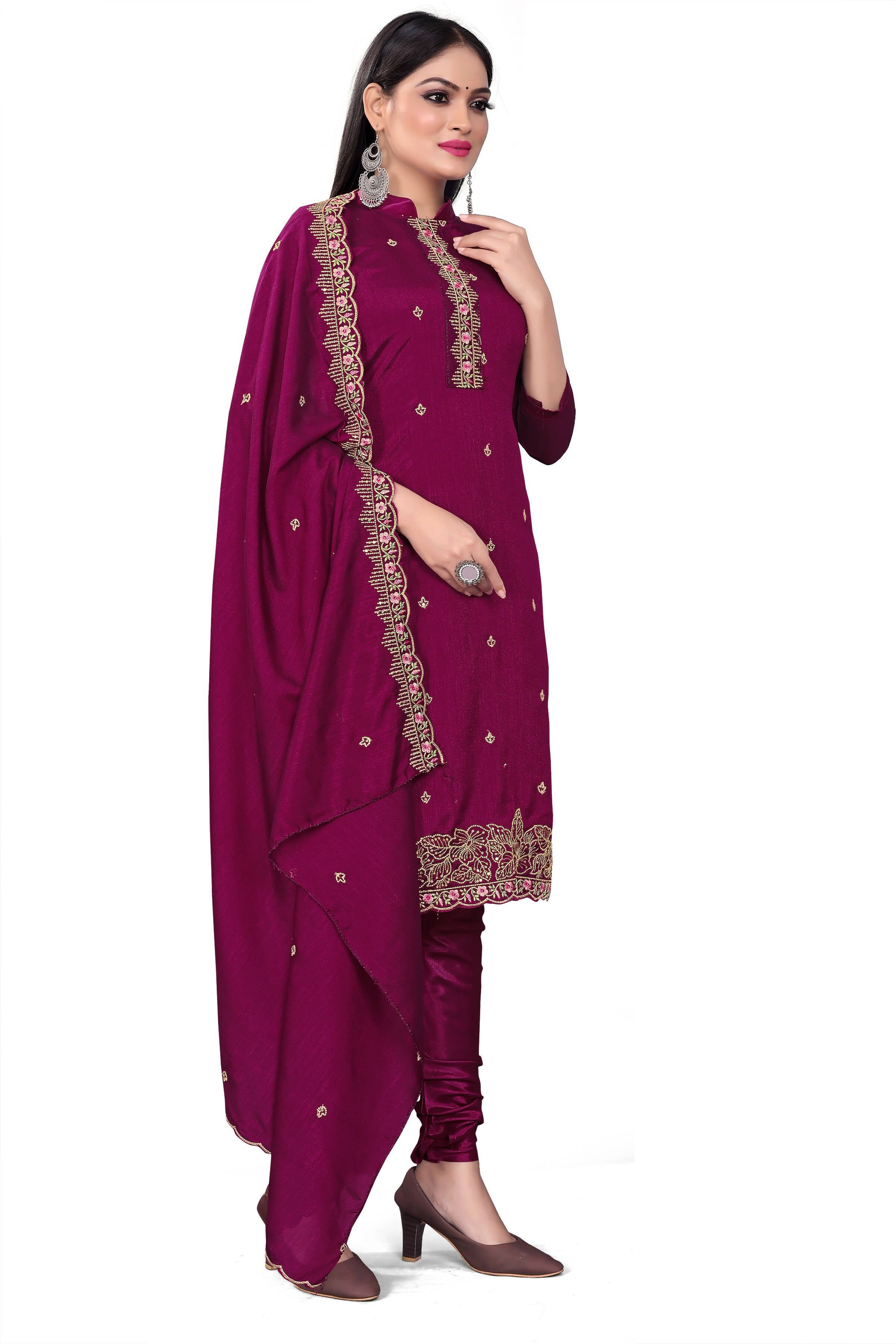 Purple Silk Embroidered with Sequins work Unstitched Dress Material - Tanvi - Distacart